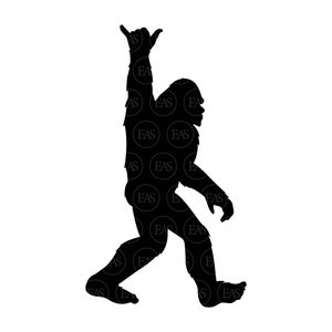 May include: Black silhouette of a Bigfoot or Sasquatch giving a shaka hand gesture, a popular Hawaiian greeting.