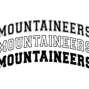 Bergsteiger svg, Bergsteiger gewölbte Varsity-Schrift, Go Mountaineers svg, Bergsteiger-Team Jersey. Vektorschnittdatei Cricut, Pdf Png Dxf.