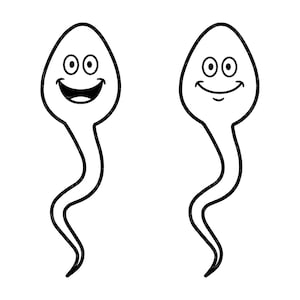 May include: Two black and white cartoon sperm cells with smiling faces. One sperm cell has a wide open mouth, and the other has a closed mouth smile. The sperm cells have a teardrop-shaped head and a long, curved tail.