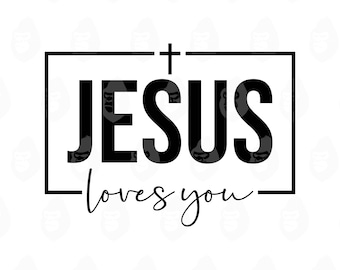 May include: Black and white graphic design featuring the words "JESUS loves you" inside a black rectangular frame. A cross sits above the word "JESUS". The word "JESUS" is in a bold, blocky font.