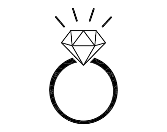 Pode incluir: Uma ilustração em preto e branco de um anel com um diamante no topo. O diamante tem um efeito de brilho.