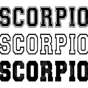Skorpion SVG, Skorpion Png, College Varsity Schrift, Sternzeichen, Horoskop, Astrologie. Cricut, Silhouette, Aufkleber.