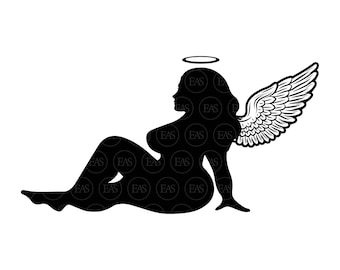 May include: A black silhouette of a woman with angel wings and a halo. The woman is sitting with her legs crossed and her arms crossed.