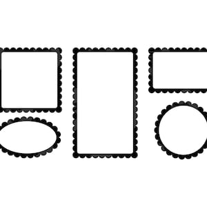 May include: Set of five black scalloped frames, including a circle, oval, and three rectangles. The frames are empty and ready for your photos or text.