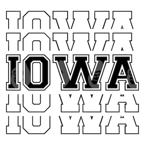 Op de afbeelding: Zwart-wit grafisch ontwerp van het woord "IOWA" in een vet, blokkerig lettertype. Het woord wordt vijf keer herhaald, waarbij het middelste "IOWA" groter is en in zwart, terwijl de andere vier in wit zijn.