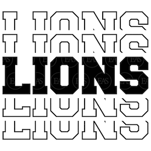 May include: Black and white graphic design with the text "I love Lions" repeated three times. The text is in a bold, blocky font.