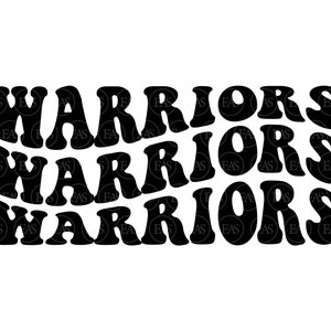 May include: Black and white graphic design of the word "WARRIORS" repeated three times in a retro, wavy font.