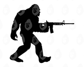 May include: Black silhouette of a Bigfoot-like creature holding a rifle. The creature has a hairy body with gorilla-like features and is walking forward. The rifle is also black and has a long barrel.