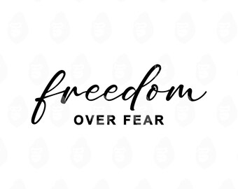 May include: Black and white graphic design with the words "freedom" in a cursive font above "OVER FEAR" in a sans-serif font. The background is white with a repeating pattern of a gorilla's head.