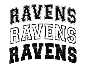 May include: Black and white graphic design with the word "RAVENS" repeated three times in a stacked, layered design.