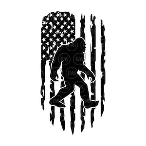 May include: Black and white silhouette of Bigfoot walking in front of a distressed American flag.