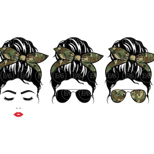 Messy Bun Camouflage Svg, Camouflage Bandana Svg, Camo Mom life Svg, Army Mama Svg. Vector Cut file Cricut, Silhouette, Pdf Png Dxf, Eps.