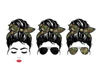Messy Bun Camouflage Svg, Camouflage Bandana Svg, Camo Mom life Svg, Army Mama Svg. Wektorowy plik do cięcia Cricut, sylwetka, Pdf Png Dxf, Eps.