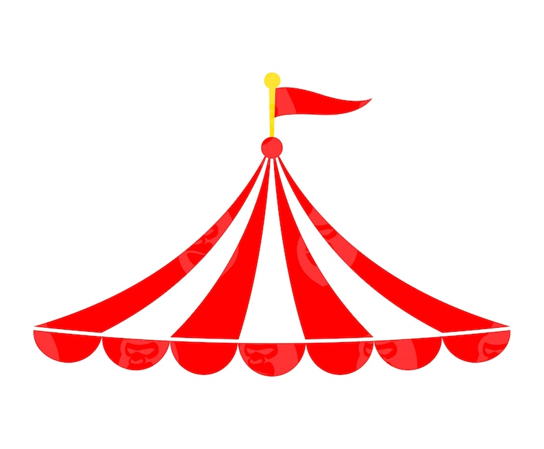 May include: A red and white striped circus tent with a red flag on top.