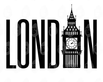 May include: Black and white graphic featuring the word "LONDON" with the iconic Big Ben clock tower silhouette replacing the letter "O". The clock shows the time. The background is white.