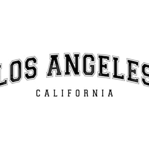 May include: A graphic design featuring the text "LOS ANGELES" in a black, collegiate-style font, arched across the top. Below, the word "CALIFORNIA" is printed in a smaller, straight font.