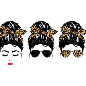May include: Three illustrations of a woman with a messy bun hairstyle wearing a leopard print headband. The first illustration shows the woman with her eyes closed. The second illustration shows the woman wearing black sunglasses. The third illustration shows the woman wearing leopard print sunglasses.