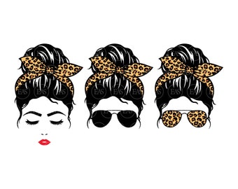 Op de afbeelding: Drie illustraties van een vrouw met een rommelig knotje en een luipaardprint hoofdband. De eerste illustratie toont de vrouw met haar ogen dicht. De tweede illustratie toont de vrouw met een zwarte zonnebril. De derde illustratie toont de vrouw met een luipaardprint zonnebril.