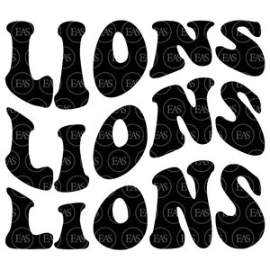 Puede incluir: Diseño gráfico en blanco y negro con la palabra "LIONS" repetida tres veces en una fuente estilizada.
