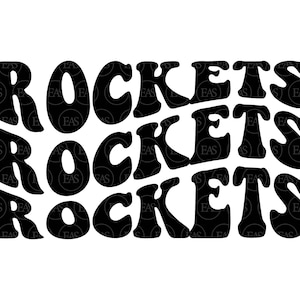 May include: Black and white graphic design with the word "ROCKETS" repeated three times in a retro, wavy font.