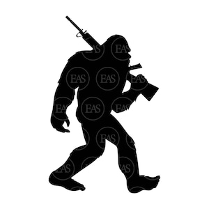 May include: Black silhouette of a Bigfoot holding a rifle in its right hand.