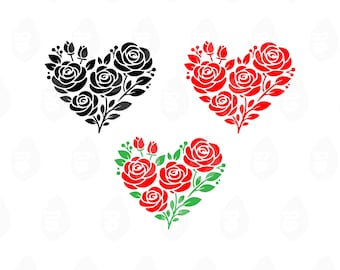 May include: Three heart-shaped floral designs. One is black, another is red, and the third is red with green leaves. Each design features roses and leaves arranged in a heart shape, suitable for Valentine's Day or romantic themes.