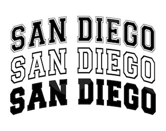 Peut inclure: Texte graphique noir et blanc qui lit "SAN DIEGO" trois fois, chaque instance du texte étant dans une taille et un style différents.