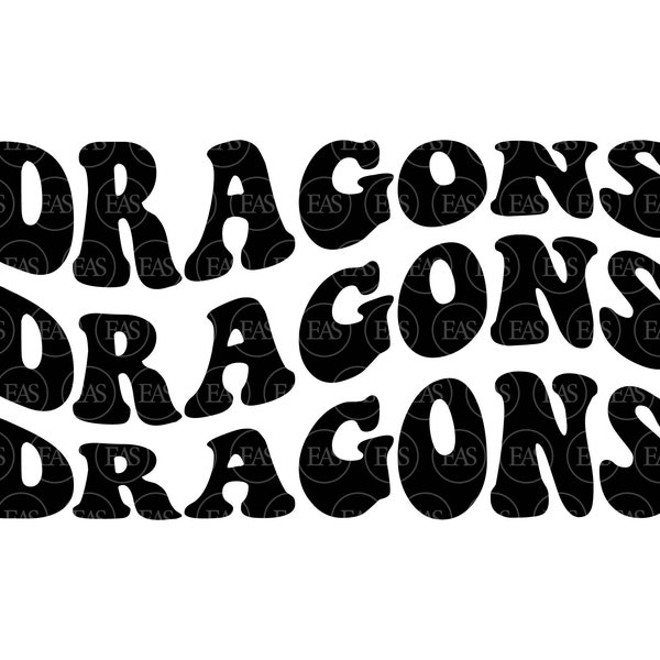 Dragons Wavy Stacked Svg, Go Dragons Svg, Dragons Team, Retro Vintage Groovy Font. Vector Cut file Cricut, Silhouette, Sticker, Pdf Png Dxf.