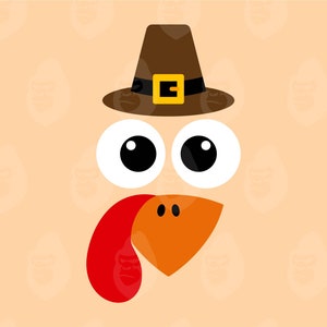 May include: A cartoon turkey face with large white eyes, a brown pilgrim hat with a gold buckle, an orange beak, and a red wattle.