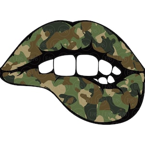 May include: A pair of lips with a camouflage pattern in shades of green and brown. The lips are slightly parted, revealing white teeth.