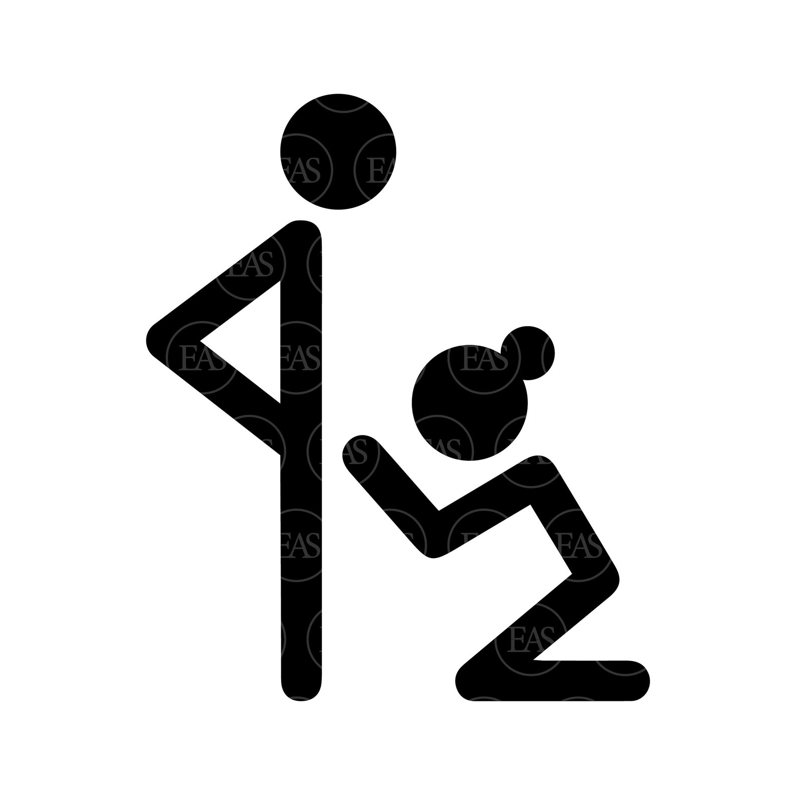 stick figure with hair bun kneeling toward waist of standing stick figure