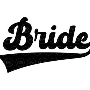 以下が含まれることがあります： 野球のユニフォームのヴィンテージスタイルのフォントで「Bride」という言葉の白黒のグラフィックです。