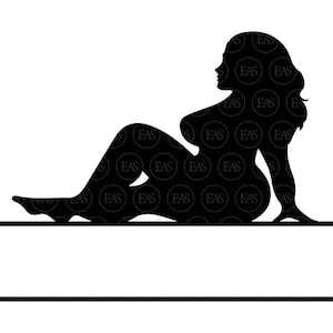 May include: A black silhouette of a reclining figure, with long hair and a curved posture. The figure is positioned above two horizontal lines, likely for text placement. The image has a minimalist design, suitable for various applications.