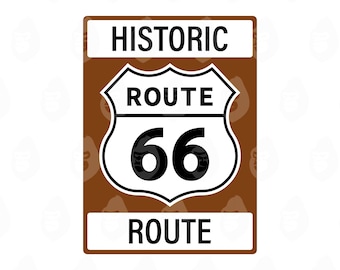 May include: A rectangular sign featuring the words "HISTORIC" and "ROUTE" in white, with a brown background. The iconic Route 66 shield is in the center, with the number "66" in black. The sign is a classic representation of the historic highway.