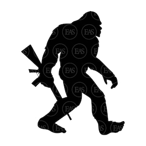 May include: Silhouette of a Bigfoot holding a rifle in its right hand, walking forward with its left foot forward.