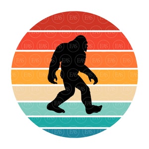 May include: A black silhouette of Bigfoot walking across a retro sunset with orange, yellow, and blue stripes.