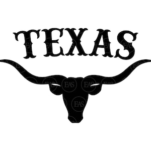 May include: Black silhouette of a longhorn steer head with large horns and the word "TEXAS" in a stylized font above the head.