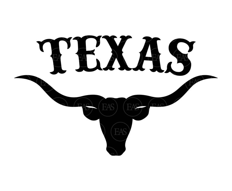 Op de afbeelding: Zwarte silhouet van een longhorn stierenkop met grote hoorns en het woord "TEXAS" in een gestileerd lettertype boven het hoofd.