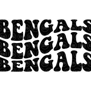 May include: Black and white graphic design of the word "Bengals" repeated three times in a retro, psychedelic font style.