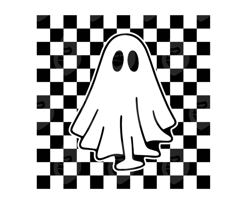 May include: A white ghost with two black eyes is on a black and white checkered background.