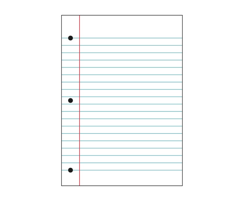 May include: A white sheet of lined paper with three holes punched in the left margin. The paper has a red line down the left side.