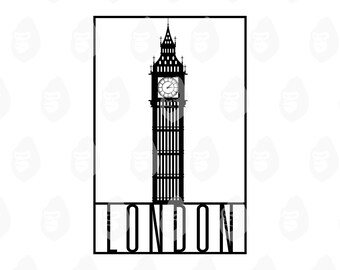 May include: Black and white graphic of the Elizabeth Tower, commonly known as Big Ben, within a rectangular frame. The word "LONDON" is printed in bold, capital letters below the tower.