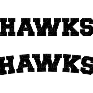 Pode incluir: Duas imagens em preto e branco da palavra "HAWKS" em um tipo de letra em negrito e em bloco. A imagem superior está em linha reta, enquanto a imagem inferior é arqueada.