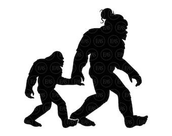 May include: Black silhouette illustration of two Bigfoot creatures walking. The larger Bigfoot is holding the hand of a smaller Bigfoot. The larger Bigfoot has a bun hairstyle. The image has a white background.