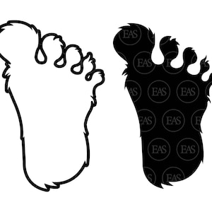 May include: A black and white illustration of a large, furry footprint. The footprint is detailed with five toes and a textured surface.