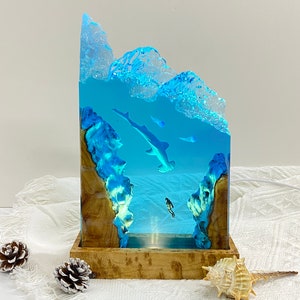 Hammerhead Shark and Diver Resin Night Light, Epoxy and Wooden Lamp, Epoxy Resin Wood Rustic Creative Handmade Furniture and Decor