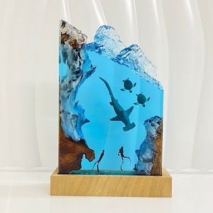 Hammerhead Shark Resin Night Light: Diver & Sea Turtle Epoxy Lamp
