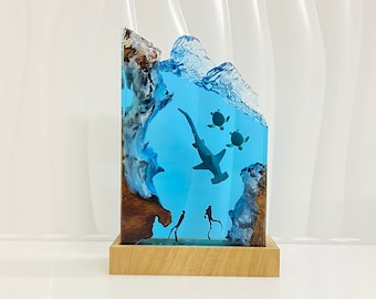 Hammerhead Shark Resin Night Light: Diver & Sea Turtle Epoxy Lamp, Halloween Gifts, Christmas Gifts, Best Friend Gifts