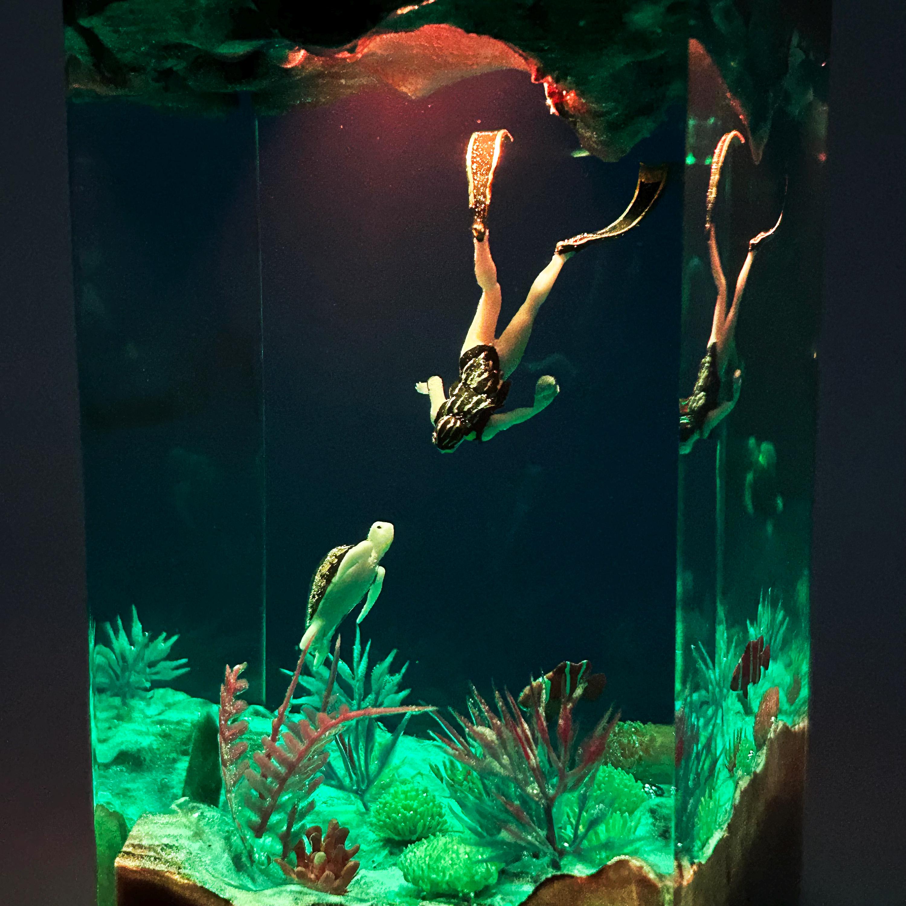Turtle Cube Resin Lamp Featuring A Beautiful Female Diver, Turtle Cube Decorative ...