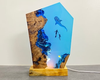 Walvishaai hars nachtlampje, vader en zoon duikers verkennen de oceaan, cadeau beste vriend, uniek decor, kerstcadeau, halloweencadeau